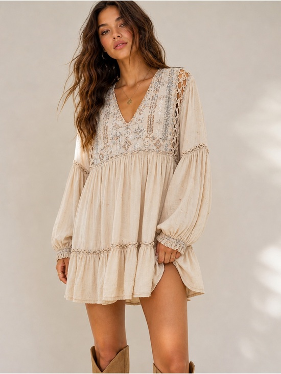 Free People Dresses & Skirts - Free People Boho Embroidered Babydoll Mini Dress Cream Crochet Sleeve Small